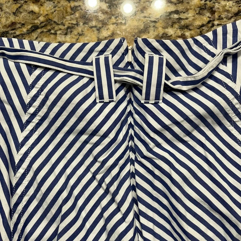 Madewell Blue White Striped Midi Skirt Tie Waist Pockets A-Line Size 14